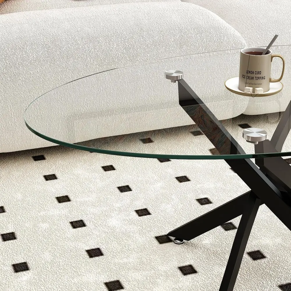 طاولة قهوة حديثة بيضاوية من الزجاج المقسى - إطار معدني أسود أنيق لغرفة المعيشة والمكتب