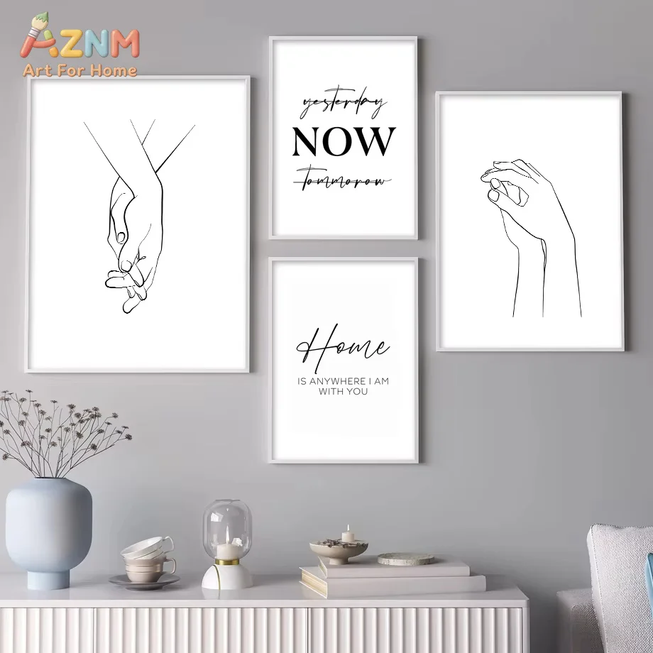 AZNM Minimalist One Line Drawing Canvas Print Couple Face Holding Hands Rose Love Heart Abstract Sketch Unframed Canvas Wall Art