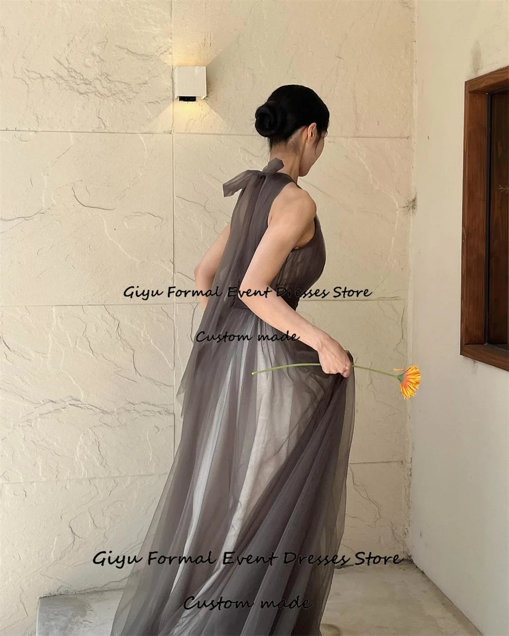 Giyu Simple Draped Korea Wedding Dress Photo Shoot A-line Bow O-Neck Floor-Length Evening Gown Dress Birthday Party Dress