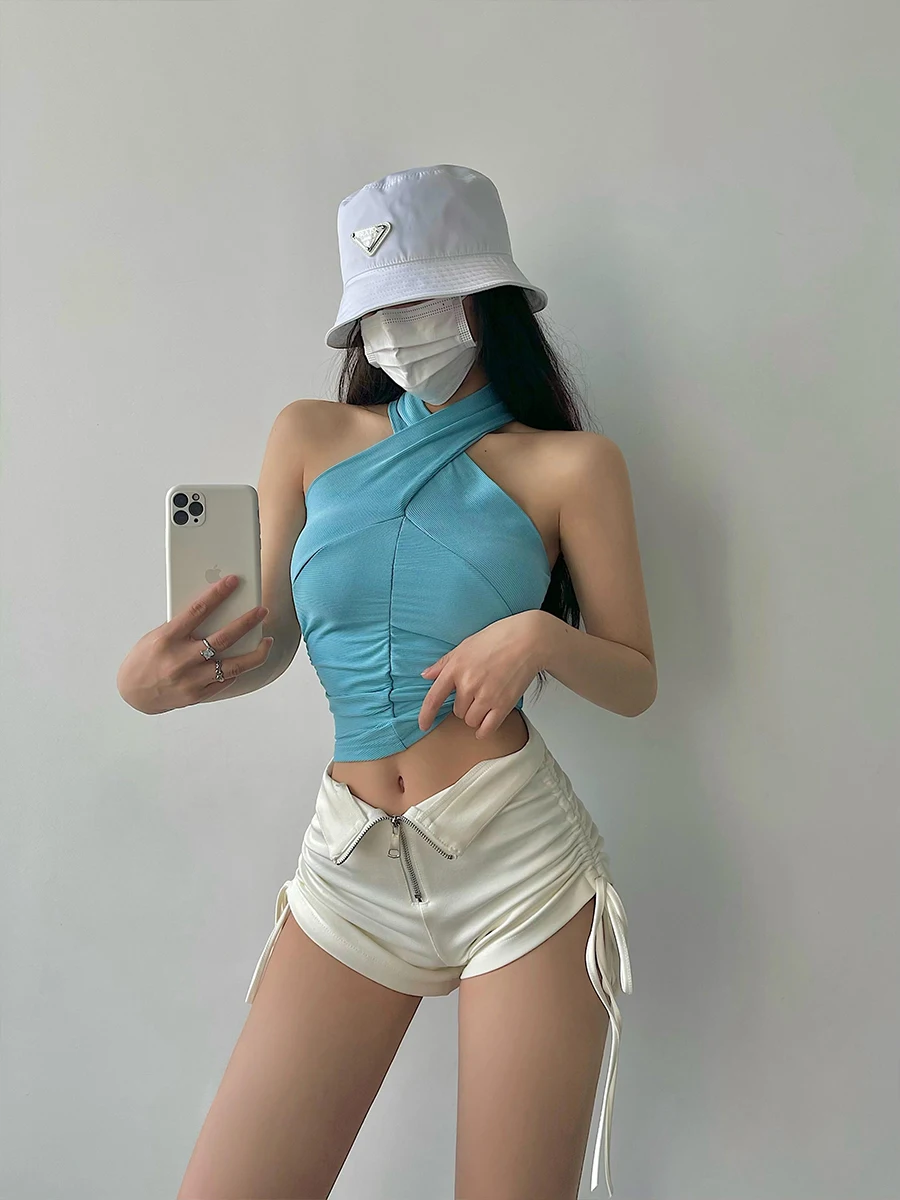 

Young Girl Day Sexy Slim Fit Folded Waist Short Top Crossed Neck Vest Pure Color Summer Fashion Women's Tank Top Belly Baring