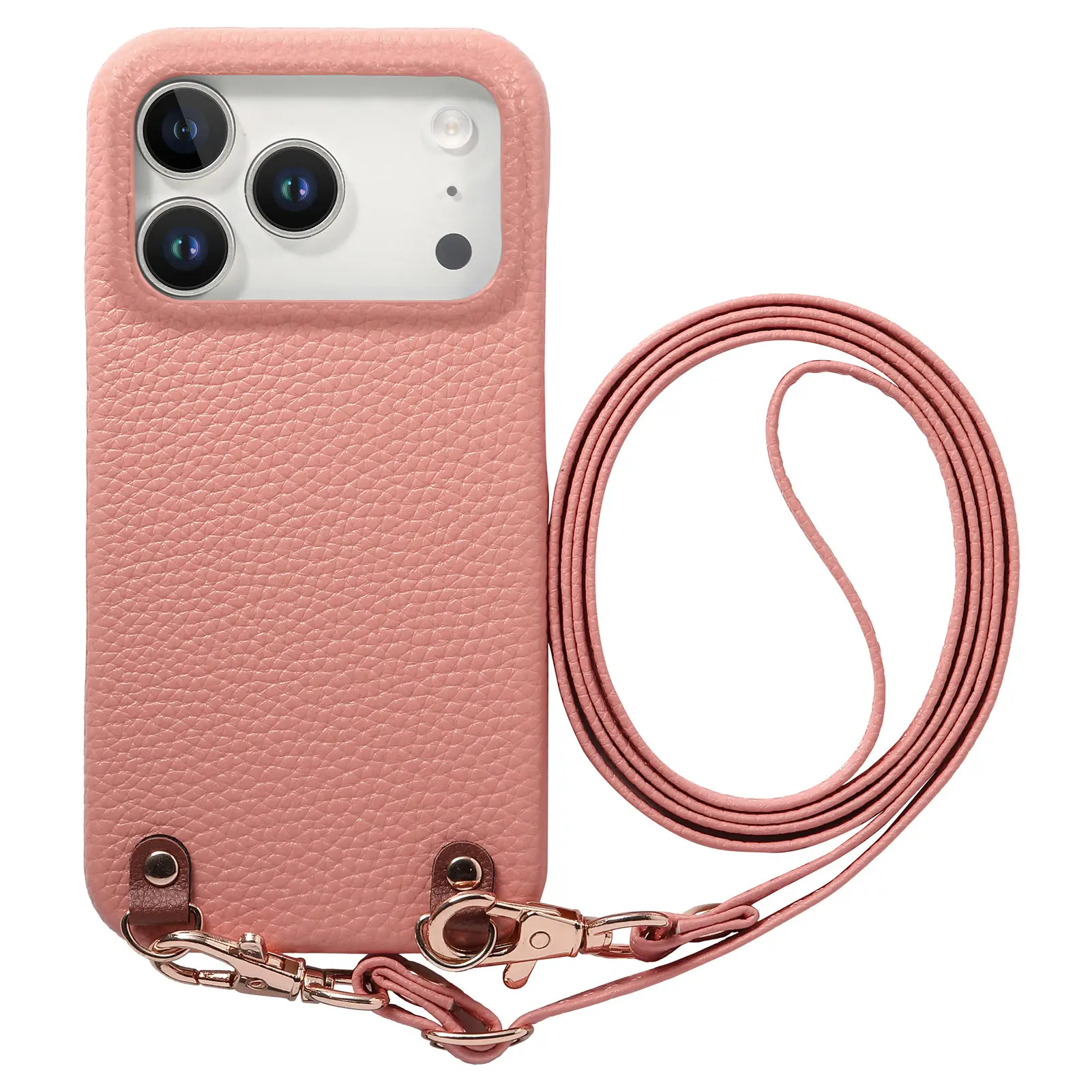 Funda de cuero con patrón de lichi y cuerda larga para iPhone 17 Pro Max 16 15 14 13 12, a prueba de golpes, portátil y delgada