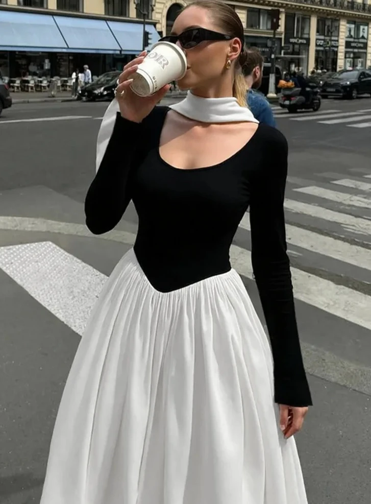 

Платье макси в стиле пэчворк с длинным рукавом, сексуальное, женское, модное, осенне-зимнее, с контрастными цветами, с круглым вырезом, плиссированное, для клуба и вечеринок