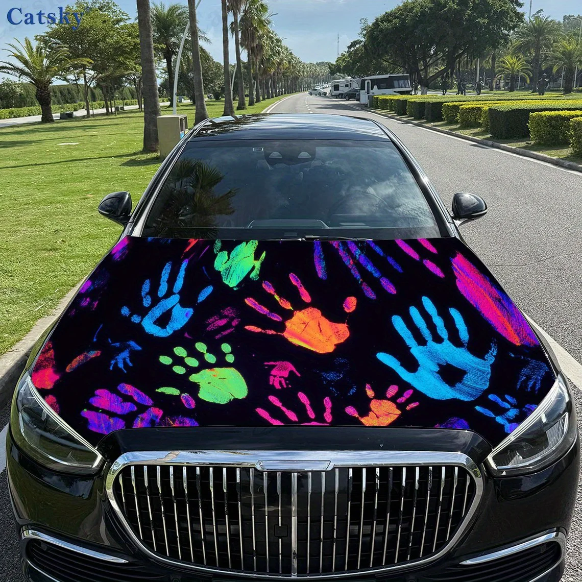 

Красочный принт пальмового граффити, наклейки на капот автомобиля, водонепроницаемая самоклеящаяся наклейка на капот автомобиля из ПВХ, защитная наклейка для украшения капота автомобиля