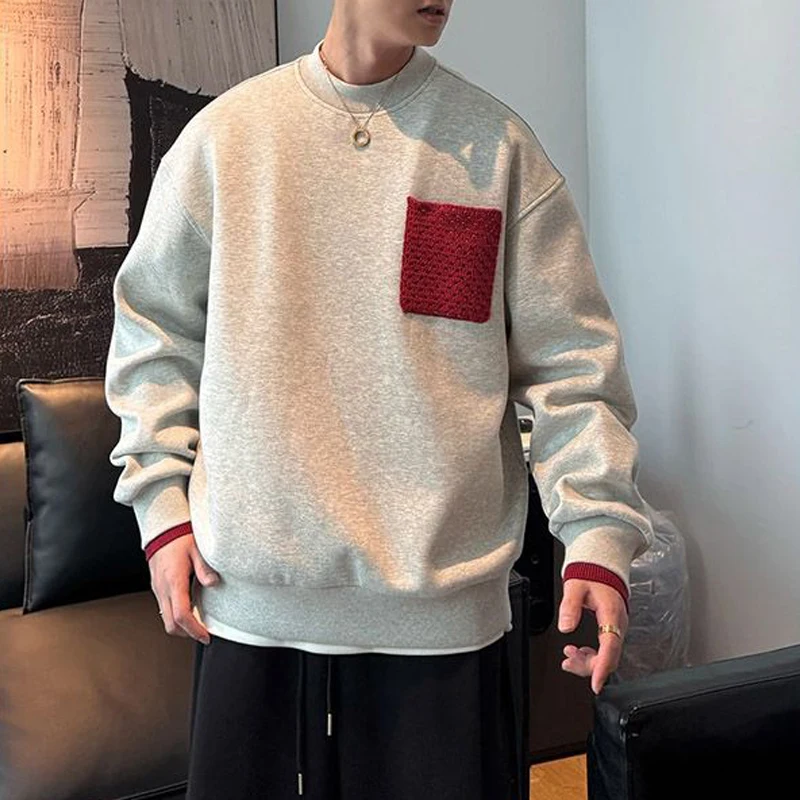 Autumn Winter Men's Trendy Contrast Color Streetwear Sweatshirt Simple Casual Loose Hoodie Round Neck Long Sleeve Pullover Tops