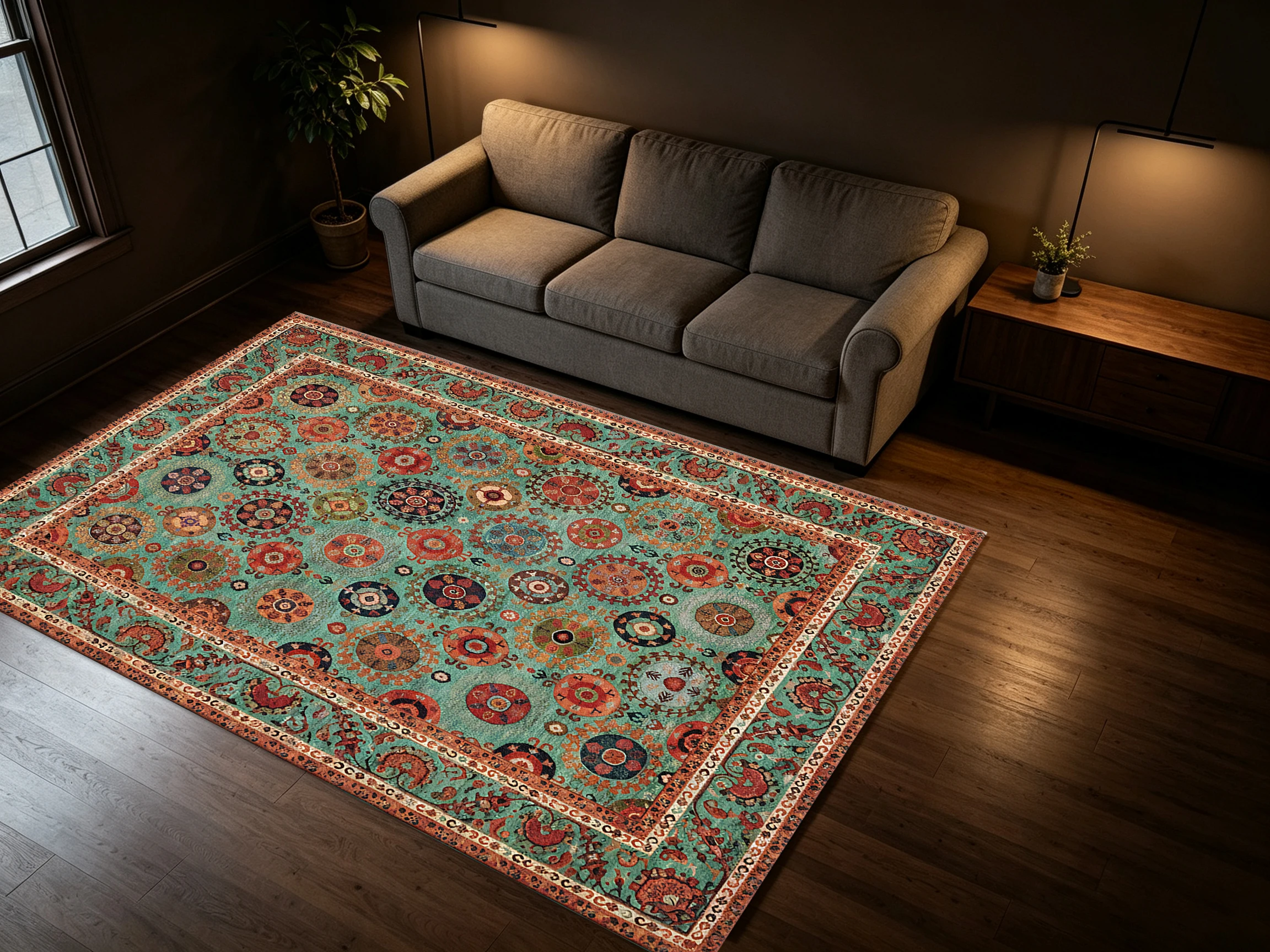 Turquoise Red Bohemian Suzani Circle Floral Rug Ethnic Traditional Carpet Flooring Large Area Rug for Home