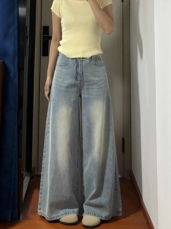 

High Waist Wide Leg Jeans Women's Summer Casual Loose Straight Floor-Length Washed Denim Pants Comfortable Cotton Blend