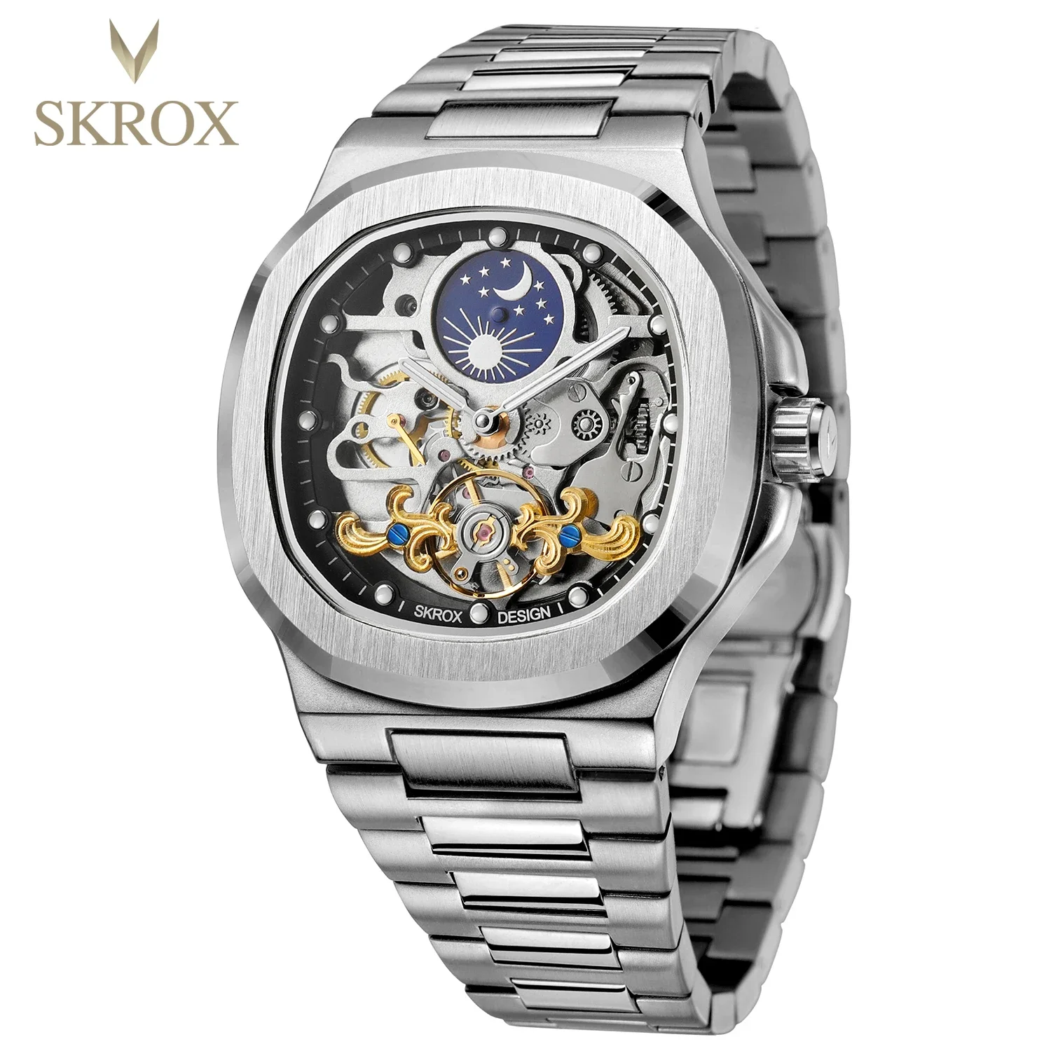 Forsining 2025 New Top Mens Automatic Mechanical Watches Tourbillon Moon Phase Steel Waterproof Luminous Skeleton Business Clock