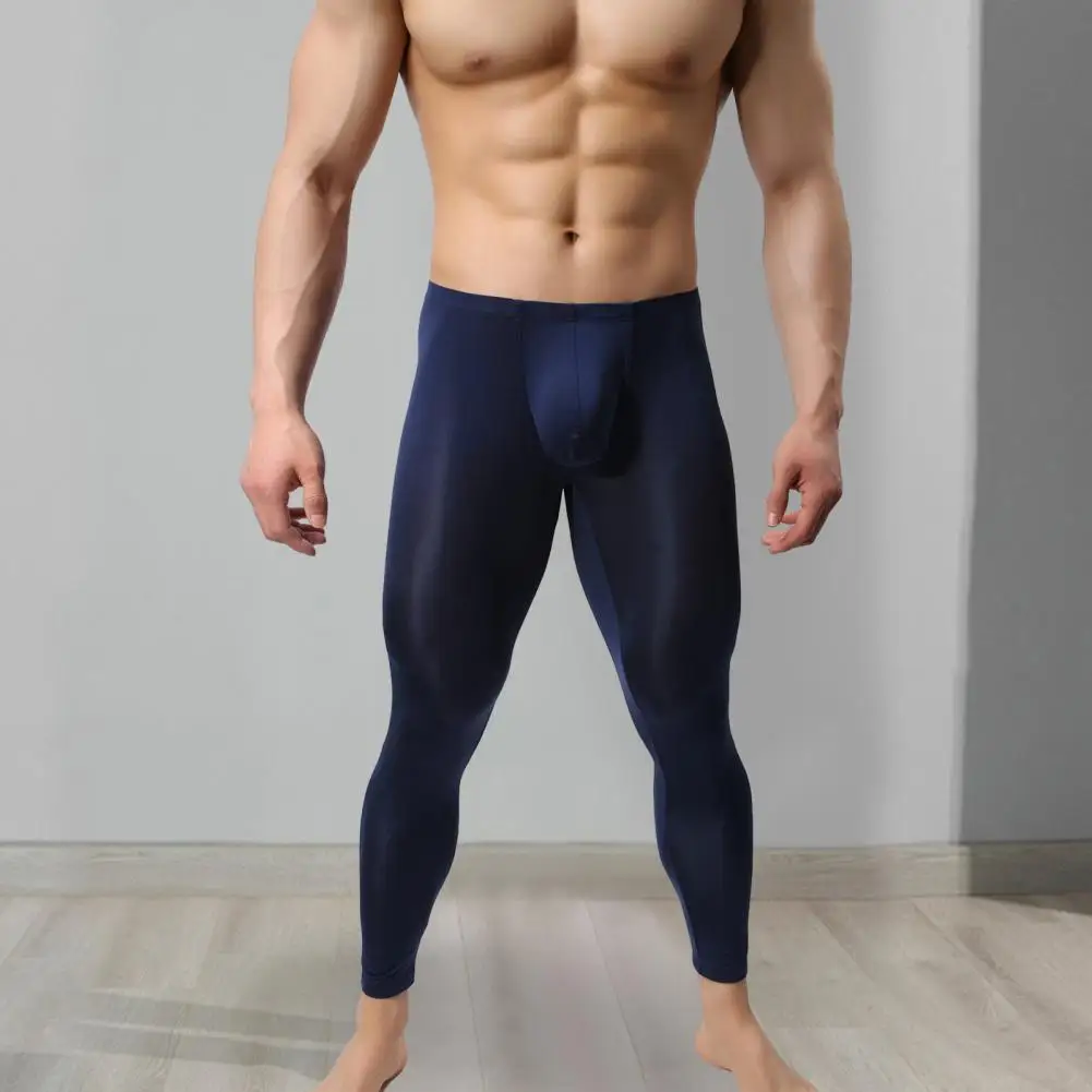 

Ultra-thin Men Pants Men's Ultrathin U Pouch High Elasticity Long Johns Leggings Soft Mid Waist Underwear for Home Sheer Lounge