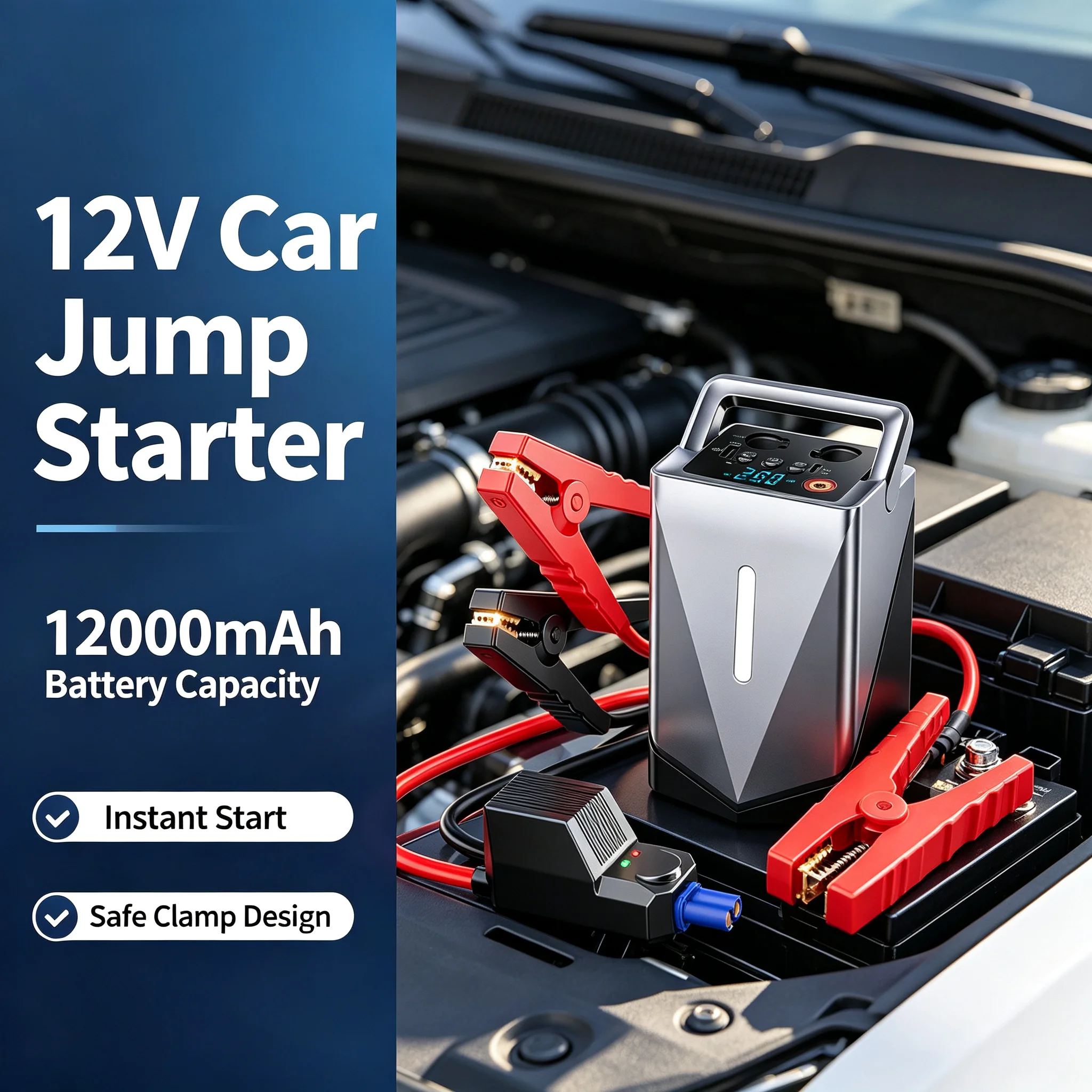 4 in 1 Jump Starter Power Bank 12000mAh High Capacity Multi-Function Air Pump Emergency Battery Booster for Gas&Diesel Cars