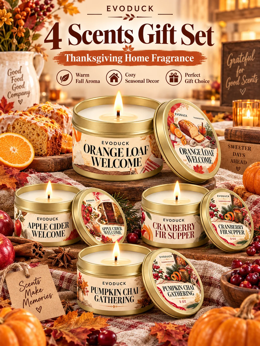Thanksgiving Scented Candles Gift Set 3oz Gold Tins, Choose 1, 2 or 4 Pcs, 4 Fall Scents, Gift Box & Card, Hostess Gift
