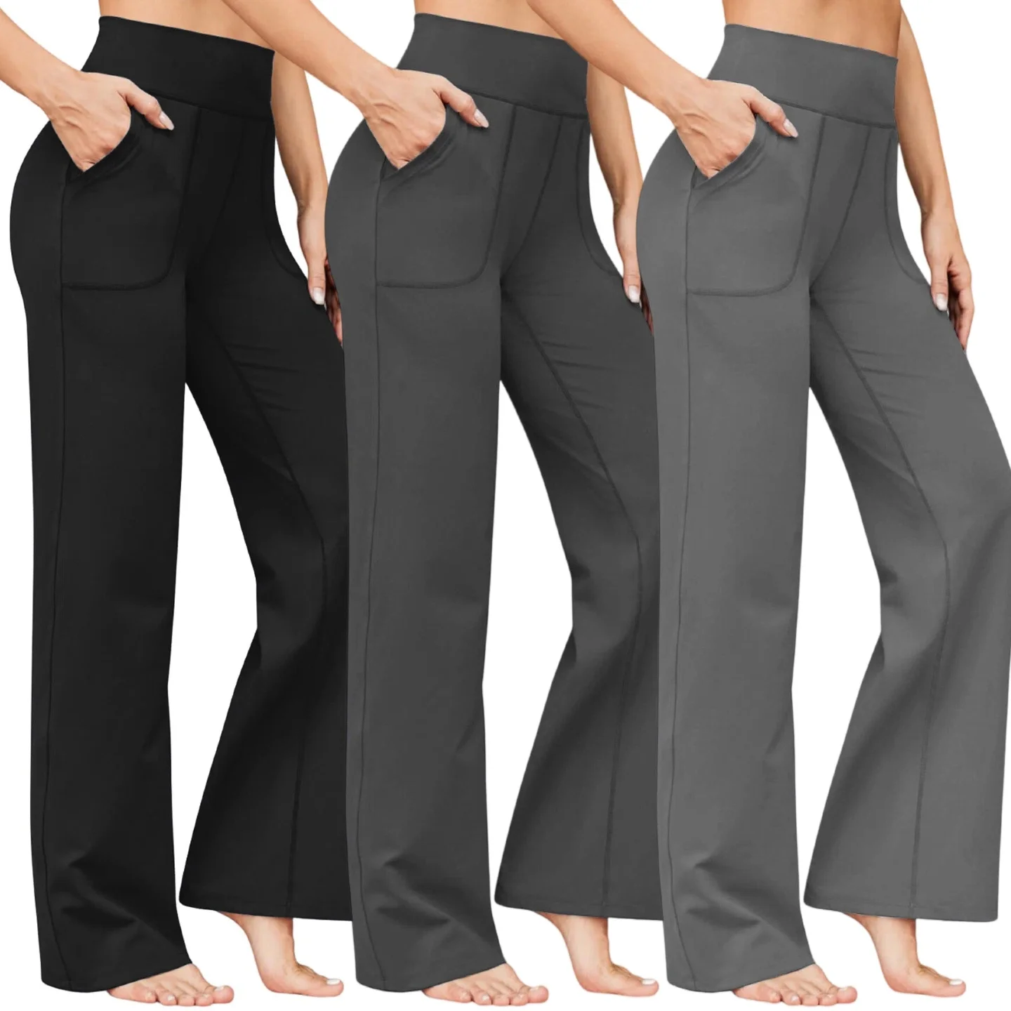 Women's High Waist Flared Yoga Pants M-Line Butt Lifting Two Pockets Soft Double-Sided Brushed Flowy Wide Leg Workout Lounge