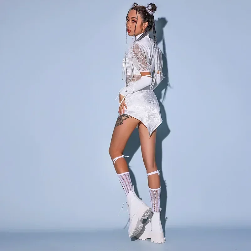 Kpop Stage Outfit White Black White Women Long Sleeve Crop Top Skirt Pants Street Dance Korean Idol Style Hip Hop Dance Clothes