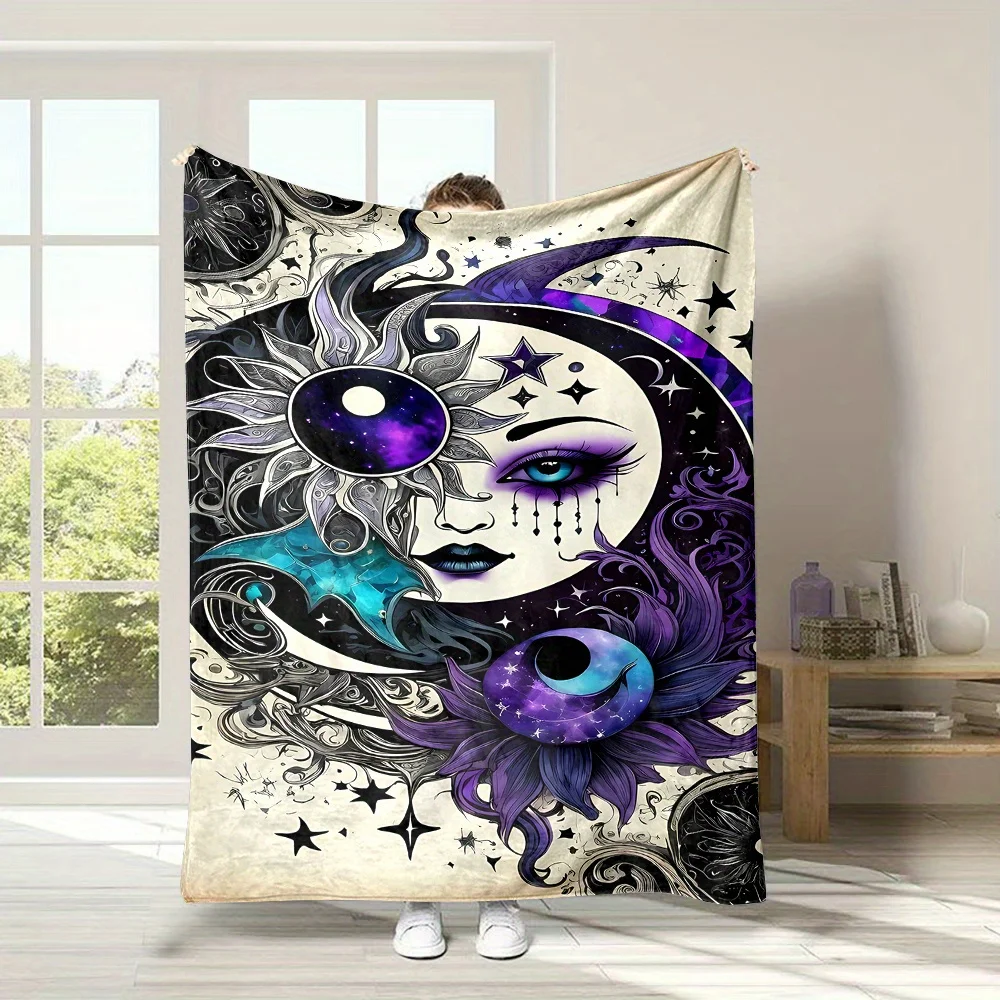 Mystic Celestial Moon Sun Zodiac Goddess Throw Blanket Boho Cosmic Artwork Fleece Sherpa Decor Gift Winter Living Room