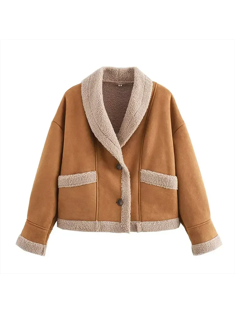 Women New Chic Lamb Wool Thick Coat Autumn Winter Fashion Lapel Buttons Pockets Warm Jacket 2024 Lady Commute Street Outerwear