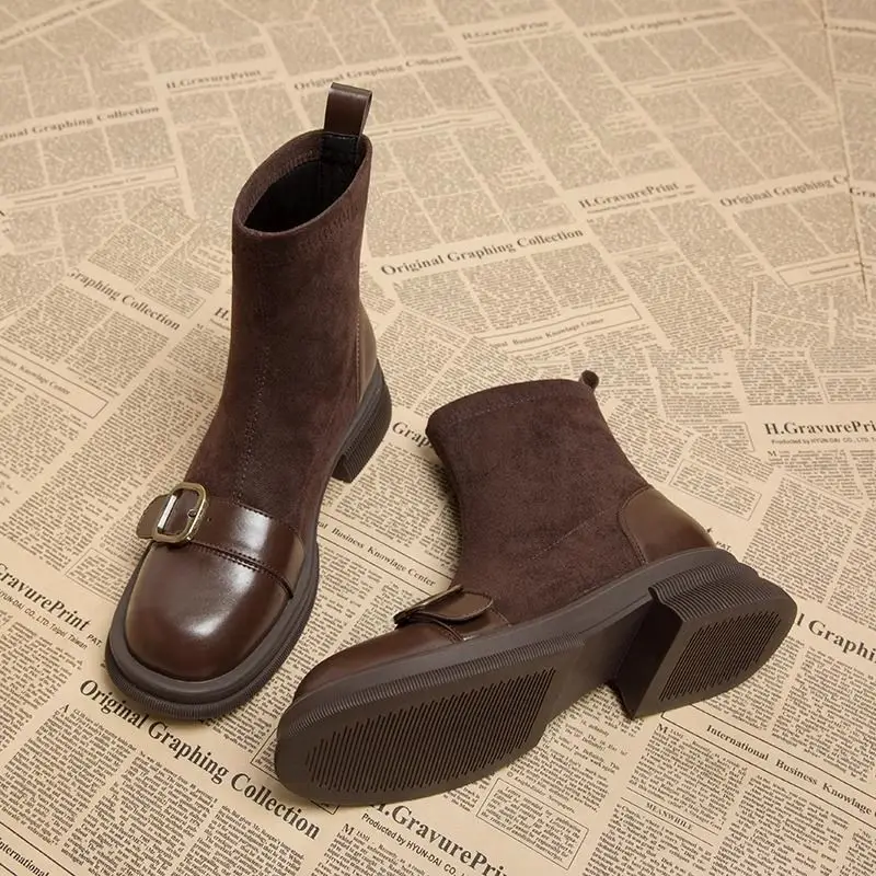 

2025 New Winter Women Ankle Boots Fashion Round Toe Ladies Cotton Short Boots Elegant Square Low Heel Women's Footwear