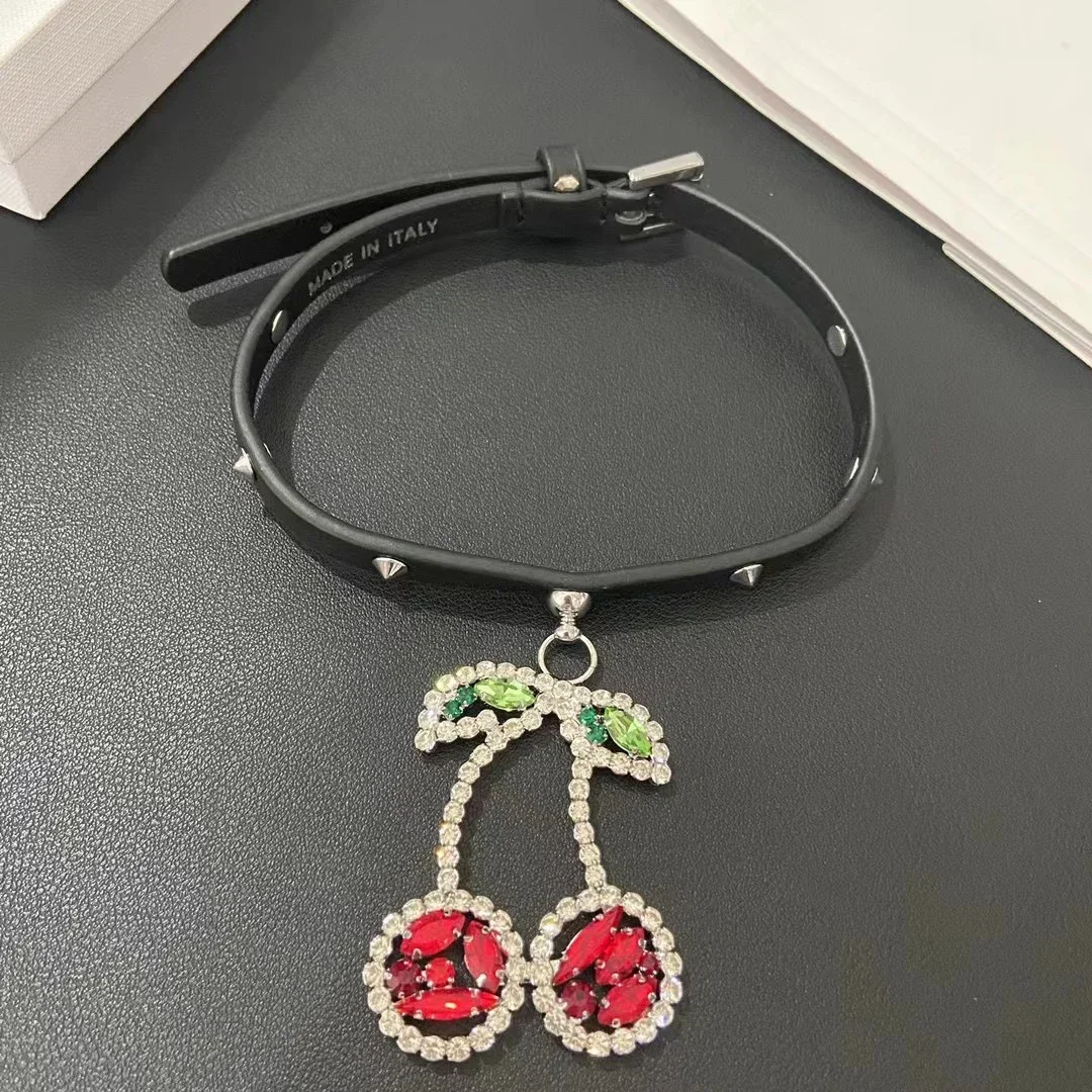 Fashion Designer Cherry Crystal Cowhide Luxury Necklace Ear Clip Women Top Quality Jewelry Trend