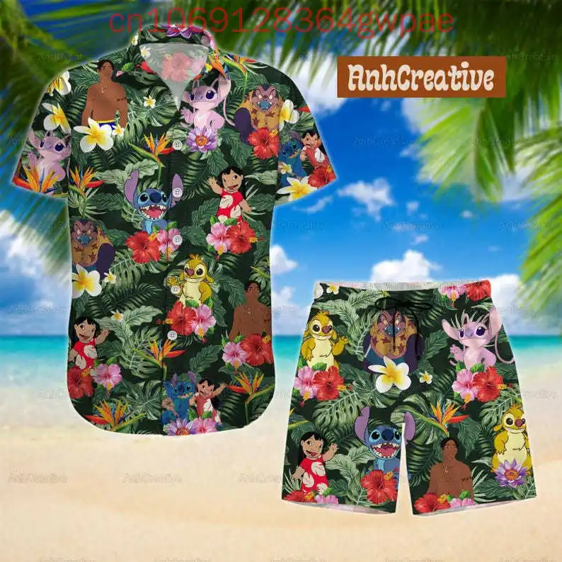 

Disney Stitch Мужчины Женщины Комплект рубашек на пуговицах Stitch Летний отдых Короткий Lucky Irish Hawaiian Beach Повседневная рубашка и шорты Y2k Комплект