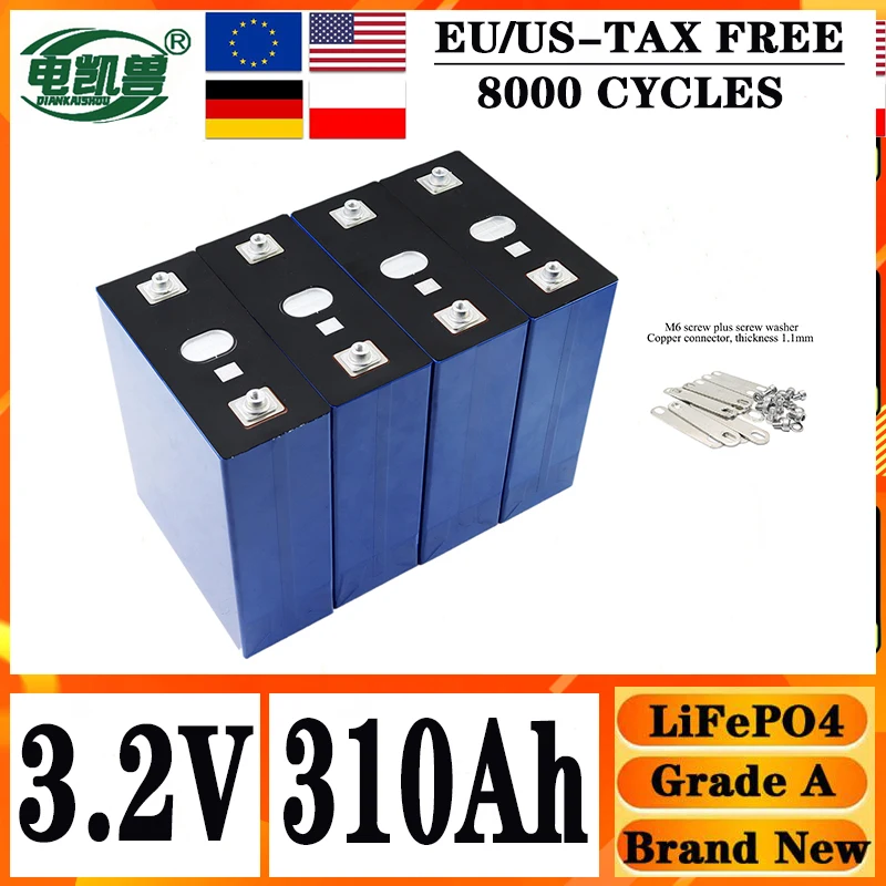 

Новая аккумуляторная батарея LiFePO4 3,2 В, 310 Ач, 8000 циклов, подходит для DIY 12 В, 24 В, 48 В, караван, морская солнечная энергосистема