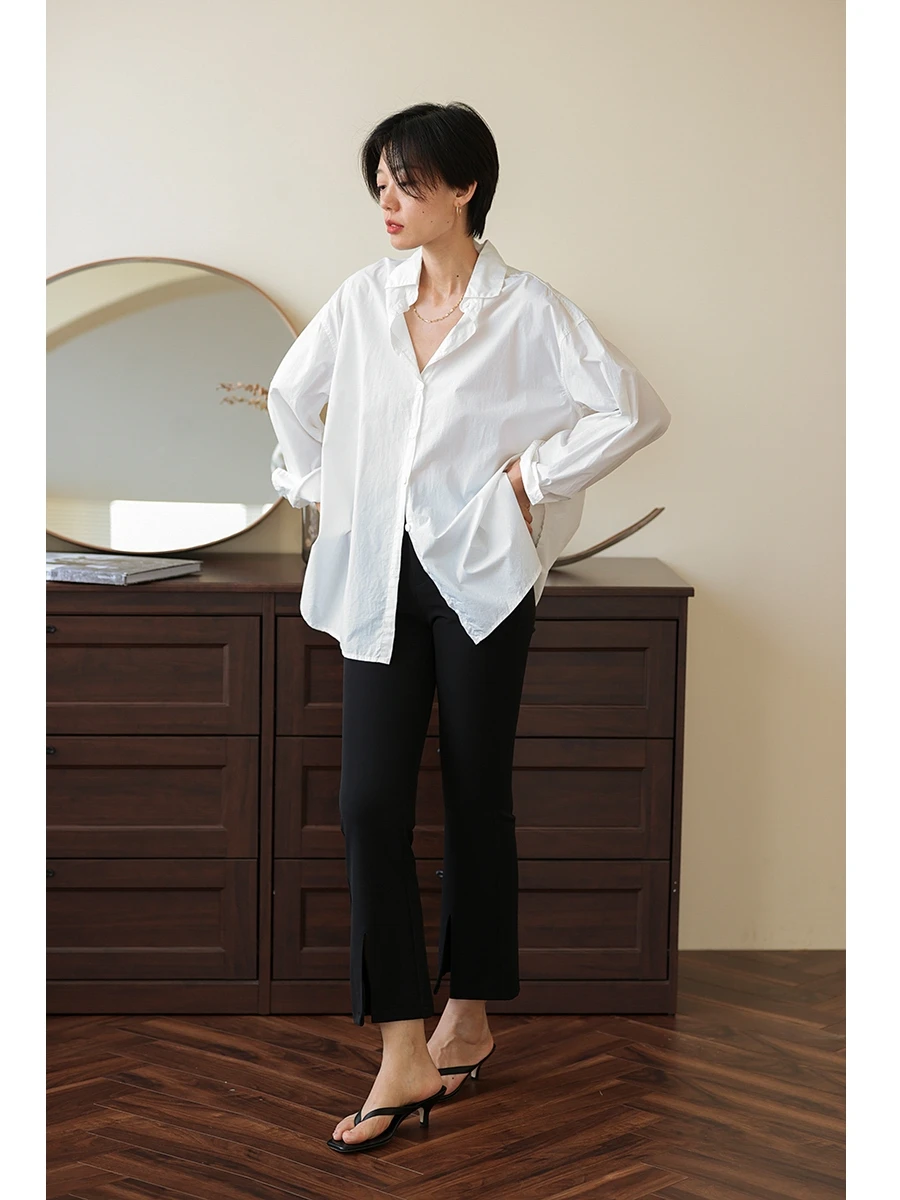 

Белая хлопковая рубашка с длинным рукавом, высокой плотности, повседневного свободного кроя, осенняя новинка, женская, с воротником на пуговицах