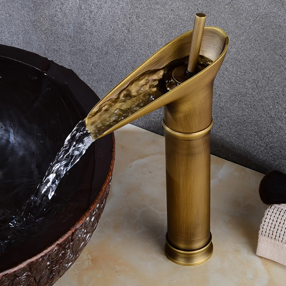 Brass Basin Faucet Copper Retro Hot Cold Tap Basin Over Counter Waterfall Mixer Faucet  Without hose Antique Sink Mixer Crane