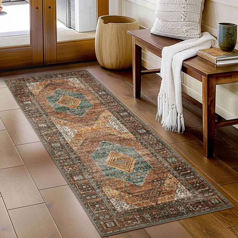 VIKAMA Boho Vintage Floral Runner Rug Non Slip Washable Hallway Carpet for Kitchen Entry Bedroom Farmhouse Indoor Floor Mat