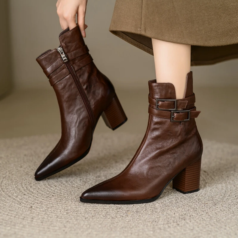 NEW Autumn Women Boots Pointed Toe Chunky Heel Boots Split Leather Shoes for Women Short Modern Boots Winter Belt Buckle Boots