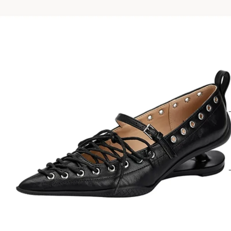 Crossover Strap Shoes for Ladies Pointed Toes Double Heels Shallow Female Ballets Front Strap Womens Solid Chassure Femme Hollow
