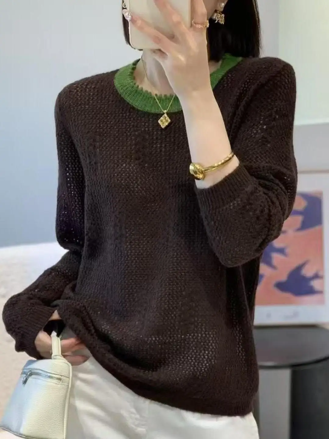 2026 New round Neck Spliced Color Knitted Sweater Women's Loose Fit Korean Style Base Layer Fashionable Inner Wear Outerwear