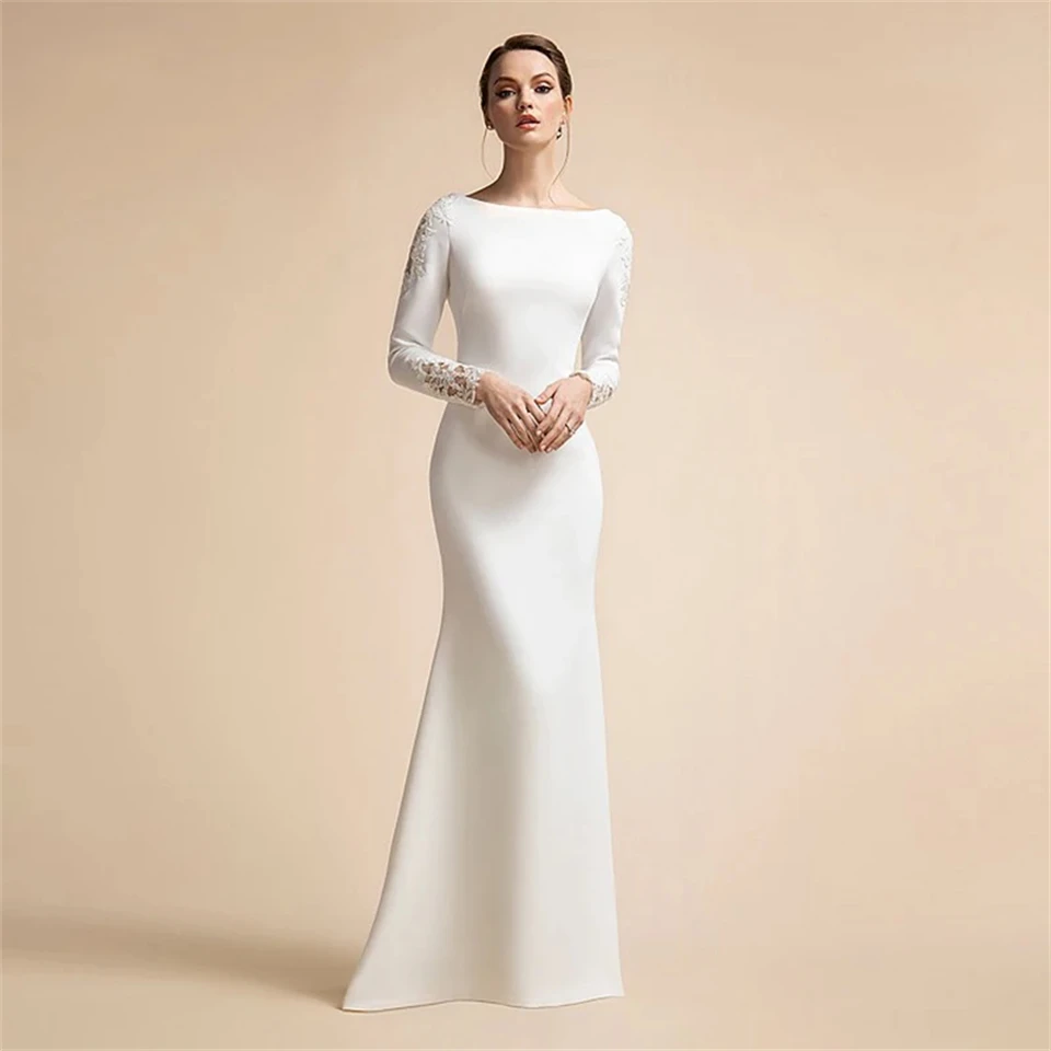 Simple Muslim Satin Appliques Lace Full Sleeves A-line Button Wedding Dresses 2024 Sweep Train Bridal Gowns Vestido De Noiva