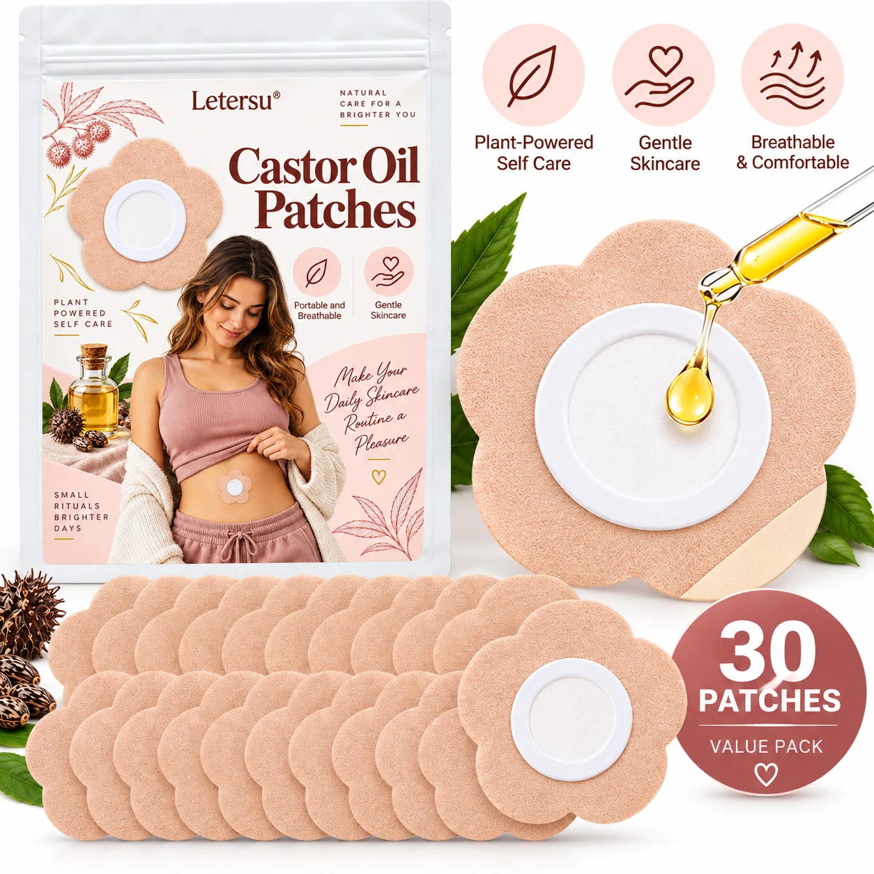 30PCS Castor Oil Patches for Belly, Flower Shape Body Care Pads, Breathable Comfortable Skin Patches for Daily Skincare