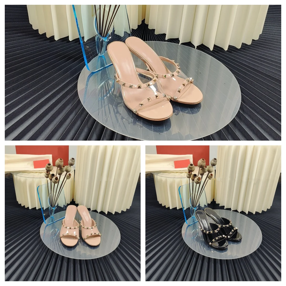 

Dudu high-end women's shoes in Europe and the United States summer new transparent high-heeled slope with slippers spell rivets