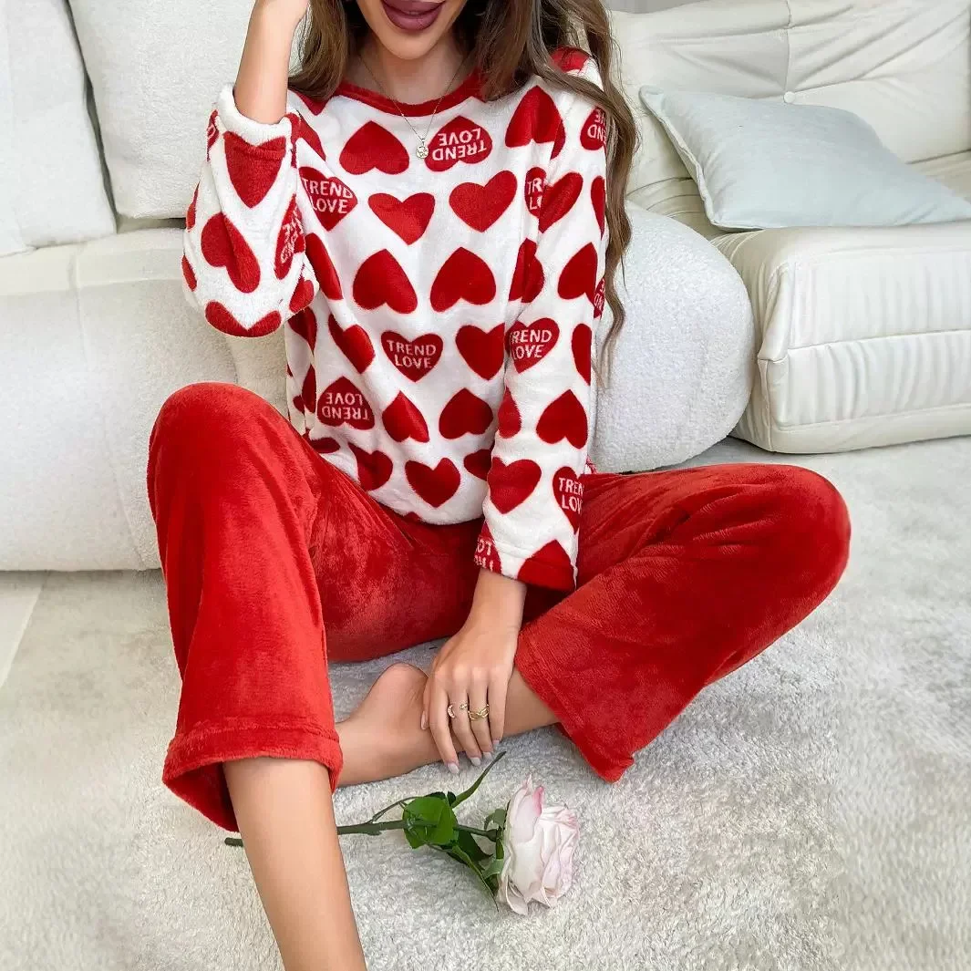 Autumn Winter Warm Thicken Pajamas Red Heart Pajamas Sets for Women Long Sleepwear Girl Rest Suits Coral Fleece Homewear Clothes