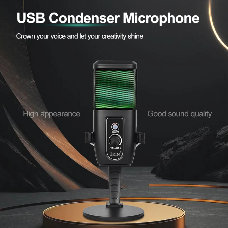 IRIN ZX-775 Condenser Microphone Intelligent Noise Reduction USB Mic One Touch Mute RGB Light for Streaming Gaming Recording