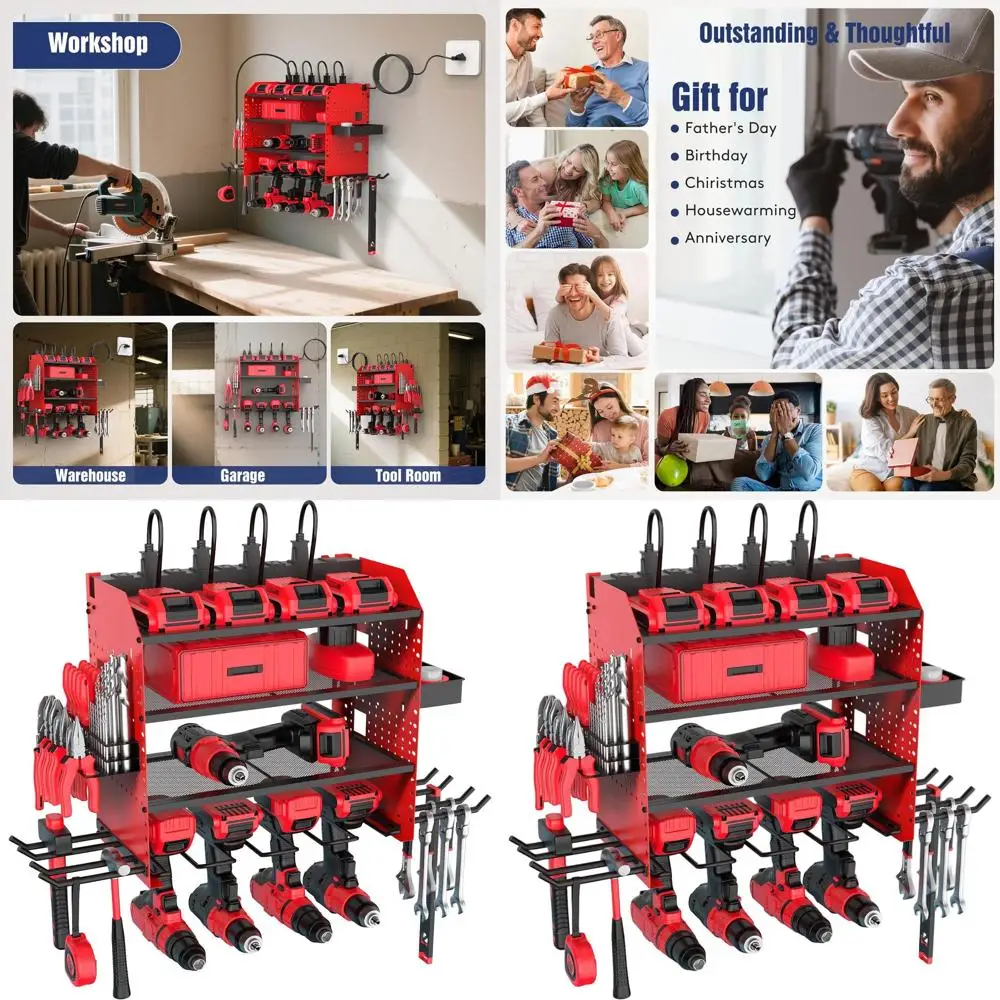 

4-уровневая регулируемая настенная стойка для электроинструментов с зарядной станцией, для хранения дрелей, крюков и инструментов в гараже