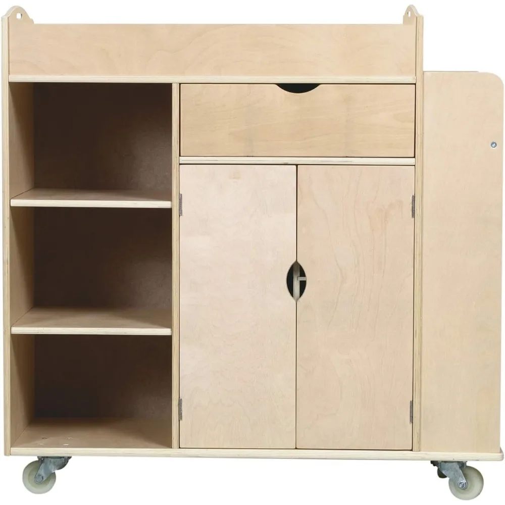 عربة تخزين مستلزمات فنية خشبية محمولة مع عجلات لأنشطة حرفية للفصل الدراسي