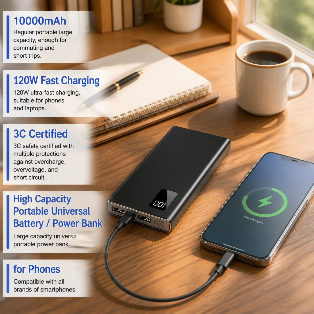 10000mAh Power Bank 120W Fast Charging 3C Certified High Capacity Universal Portable Battery For All Smart Phones