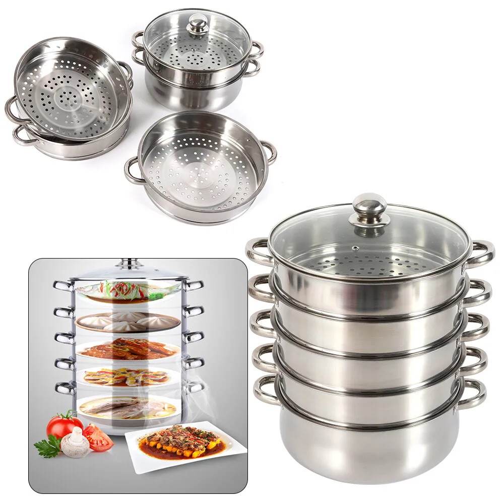 

5 Tier Stainless Steel Steam Cooker Steamer Set Pan Cook Pot with Glass Lid USA