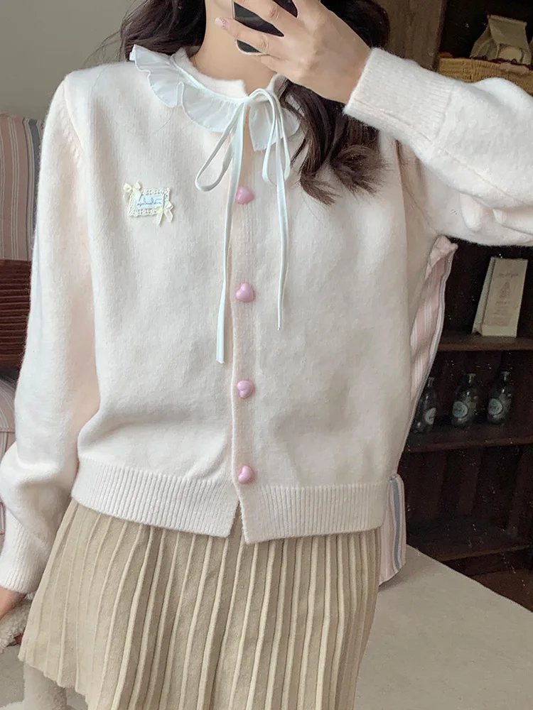 Zoki Ruffles Dolce Cardigan Donna Carino Manica lunga Fiocco Maglioni Stile Preppy O Collo Giappone Kawaii Lettera Lace Up Bottoni d'amore Top