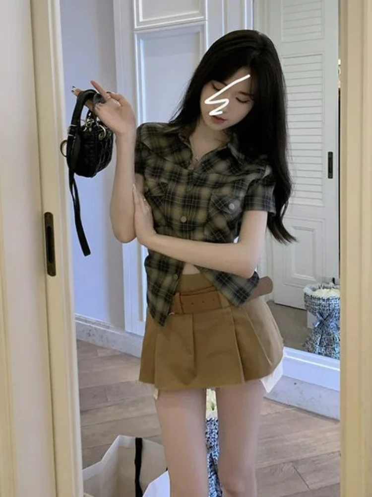 ADAgirl Vintage Plaid Short Sleeve Shirt Women American Retro Button Up Cardigan Blouse Female 90s Summer Sexy Cargo Slim Tops