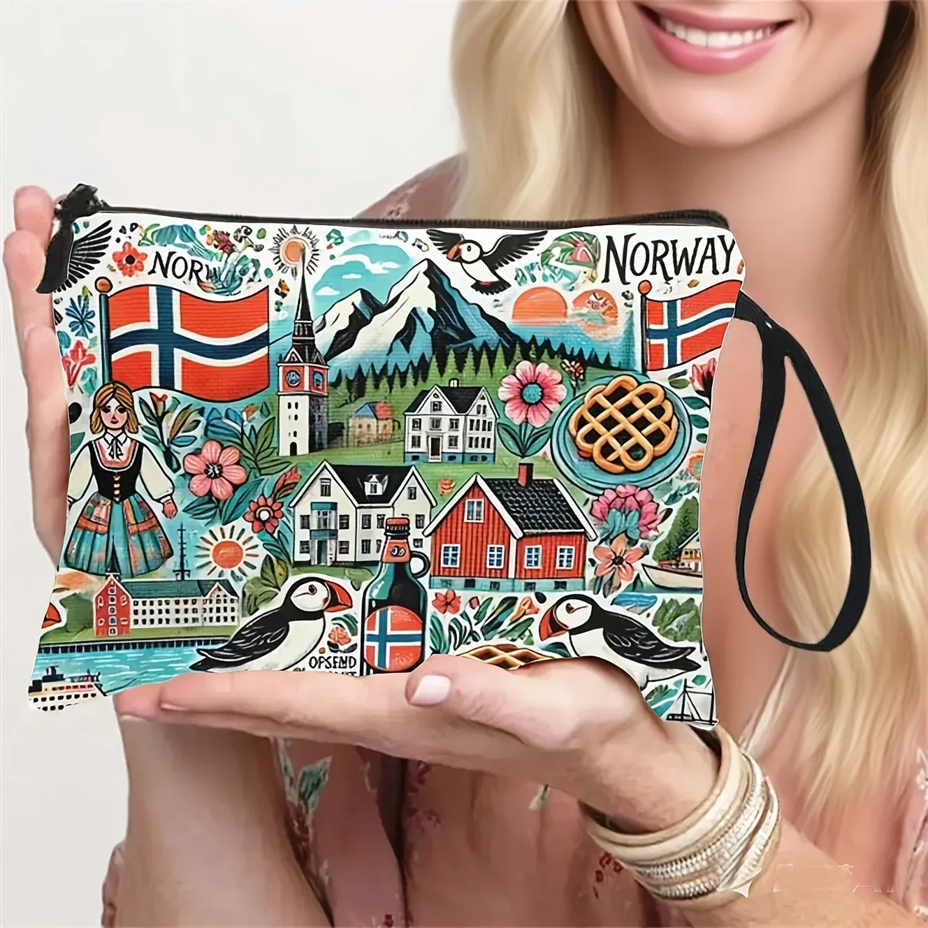 Canvas Travel Cosmetic Bag Norway Scenery Folk Pattern Makeup Storage Pouch Norwegian Flag Zipper Portable Toiletry Bag for Gift