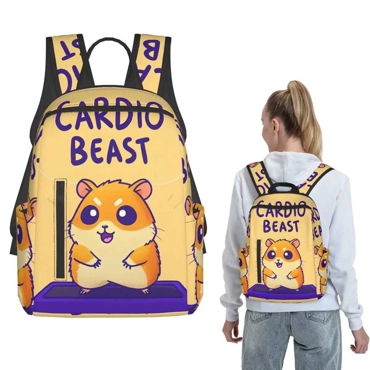 Cardio Beast Hamster Workout Sticker Backpack Large Capacity Boys Girls BookBag School Bag Shoulder Bags for Men Women