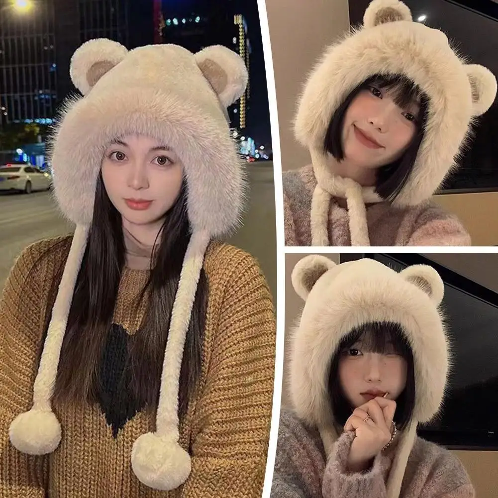 Winter Bear Plush Hat Outdoor Cycling Ear Protection Hat Thickened Warm Hat Casual Fleece Girls Hat Women's Warmth Essentials