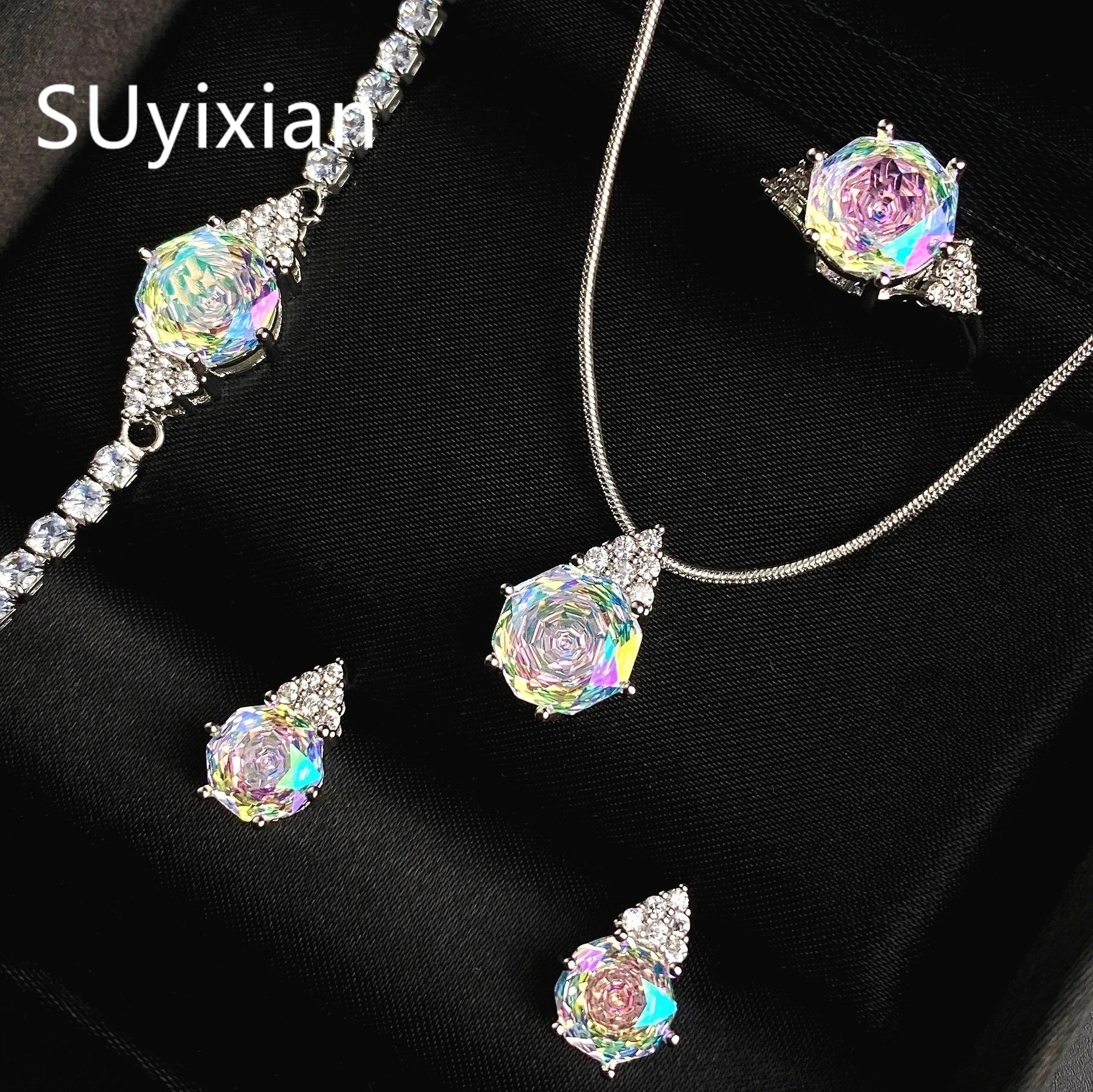 925 Sterling Silver Fashion Light Luxury Rose Cut Triangular Edge Zircon Necklace Ring Stud Earrings Bracelet Holiday Gift