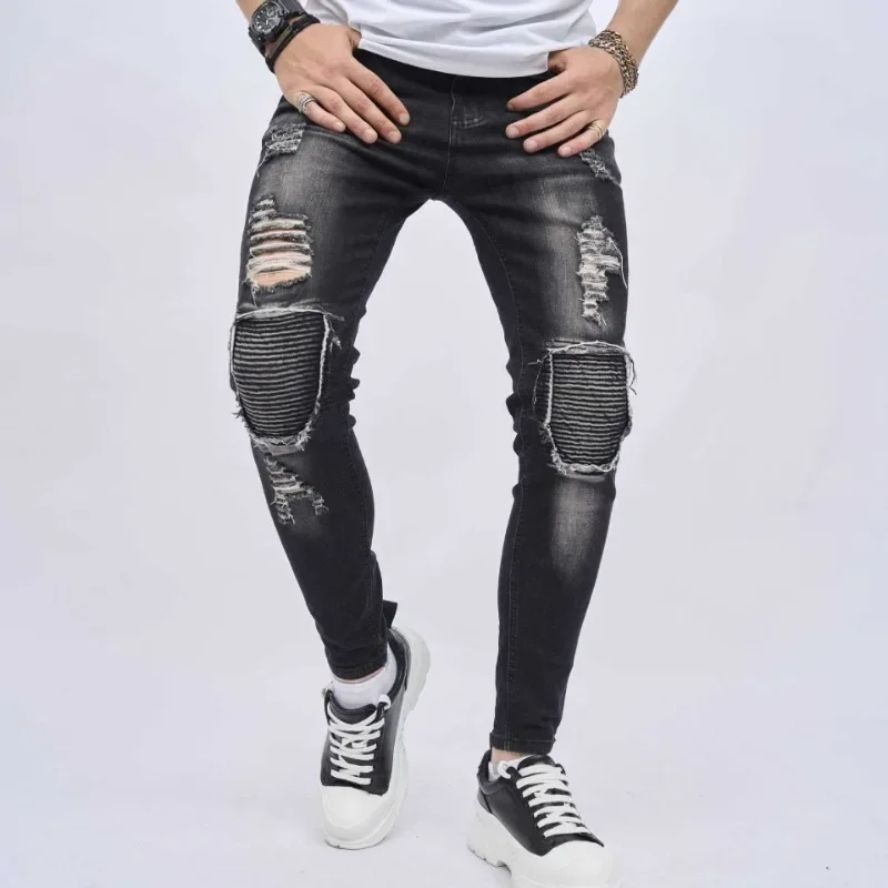 

Hip-hop Men's Motorcycle Biker Jeans Fashion Ripped Hole High Street American Retro Patchwork Stretch Slim Denim Trousers