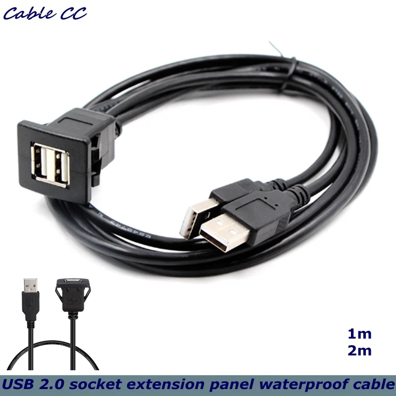 Flush Mount w/Buckle (Square)- Dashboard Panel Dash Mount 2 Ports Dual USB  Extension Wire Cord Water Resistant Male to Female