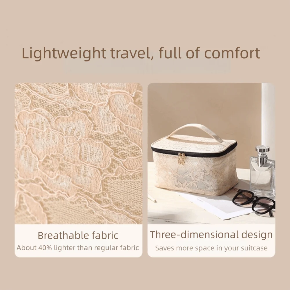 

Elegant Portable Makeup Bag Large Capacity Floral Pattern Travel Toiletry Pouch Lace with Handle Handbag for Women