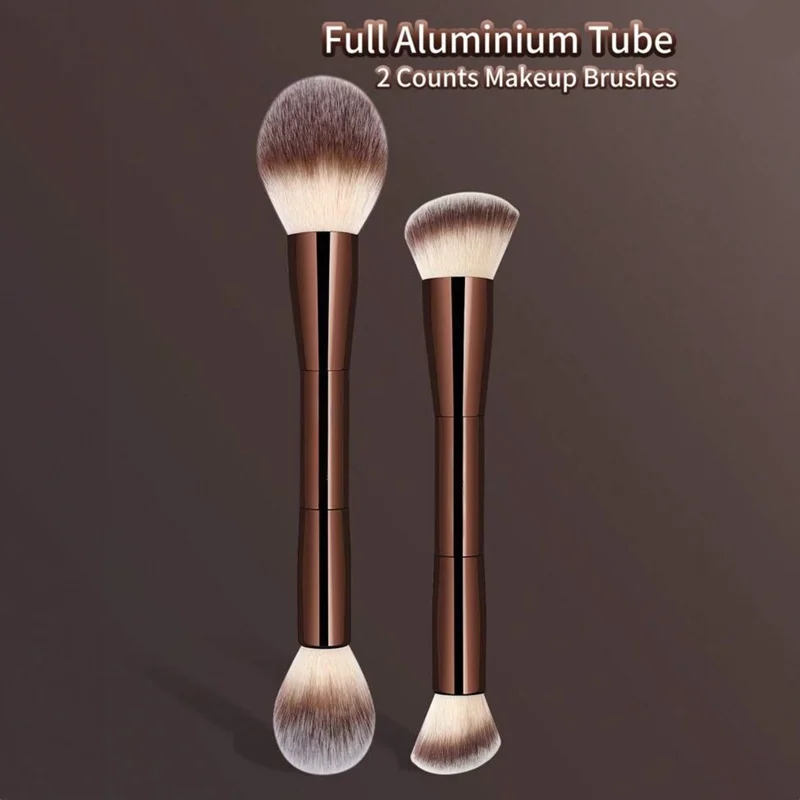 2pcs Professional Double-Ended Face Makeup Brush Set with Tip Powder & Blush Applicator - Soft Nylon Bristles Suitable for Skin