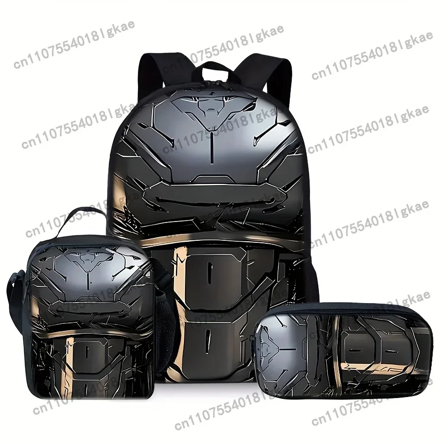 Collection Of Three Black Backpacks Showcasing 3D Printed Steel Mech Patterns., For Teenager