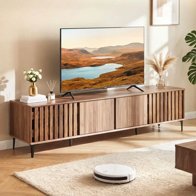 

Mid Century Modern Entertainment Center with 4 Storage Cabinets for Living Room-Walnut