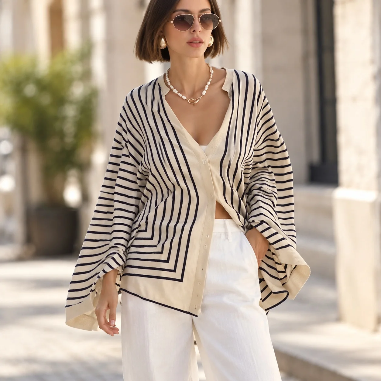 Loose Fit Top Casual Mid Length Korean Casual with Long Sleeve Plaid Round Neck Single Breasted Striped Summer Women Blouse